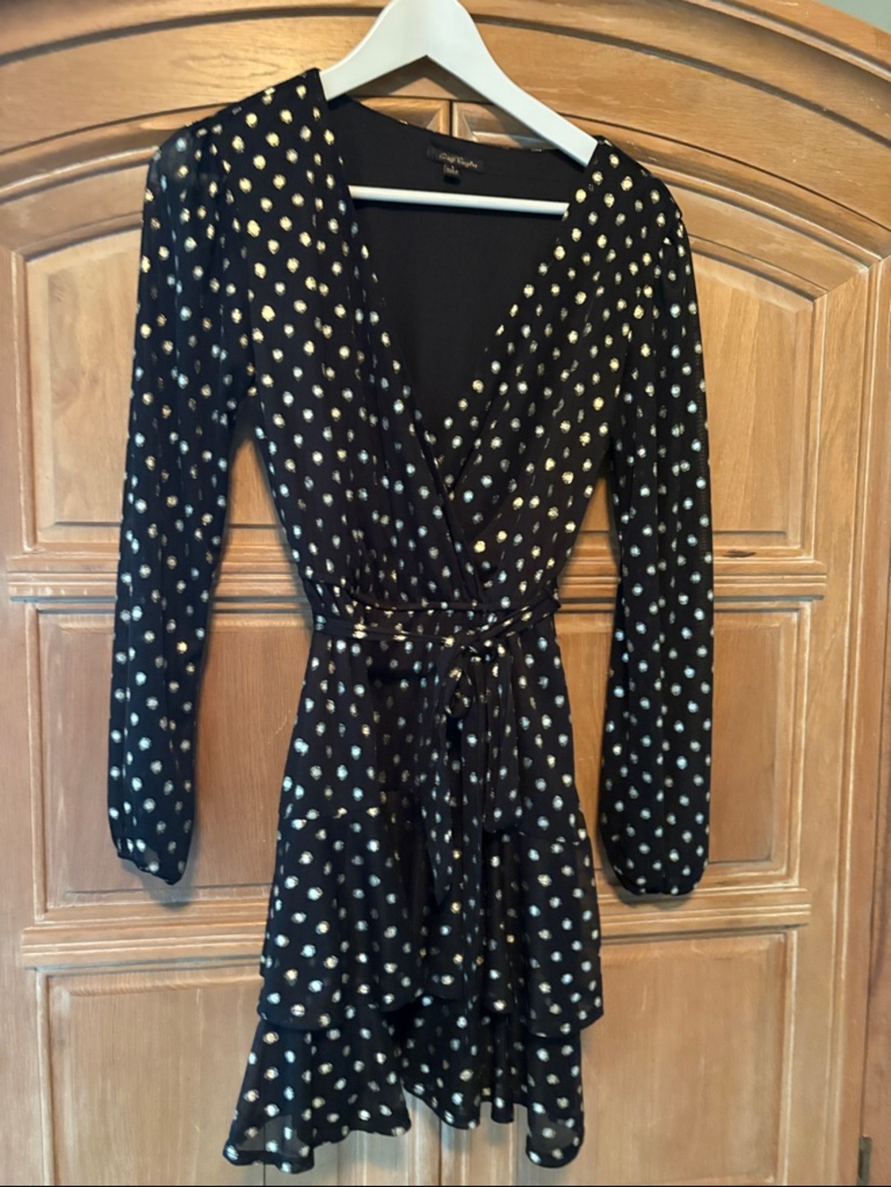 Black Long-Sleeve Wrap Dress with Gold Dot Print